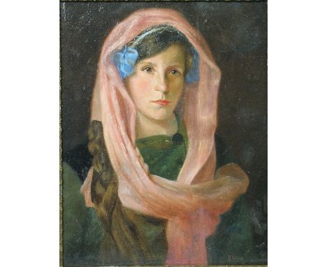 Robert Lillie (1867 - 1949), half length portrait of lady wearing a pink head shawl, signed oil on board, dated 1919, 44cm x 