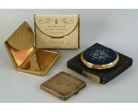 A Coty Envelope loose powder vanity case, in engine turned gilt metal with original puffer and box, number 405, 9cm wide, a S