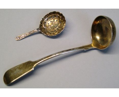 A Victorian Scottish toddy ladle, Fiddle pattern, initialled, Edinburgh date letter rubbed probably 1839, 1.19ozs, together w