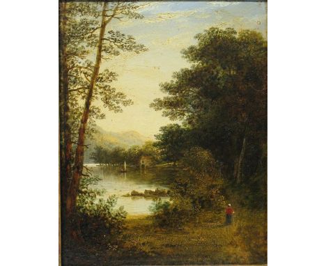 19th Century Continental School, river landscape scene with a lone figure on a path between trees, unsigned oil on panel, 24c