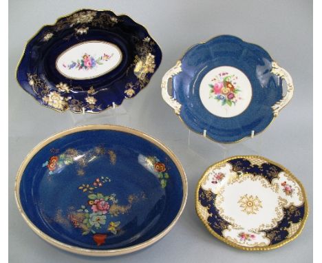 A Falcon Ware bowl, of circular pedestal form printed and enamelled with flowers and leaves on a powdered blue ground, 24cm d