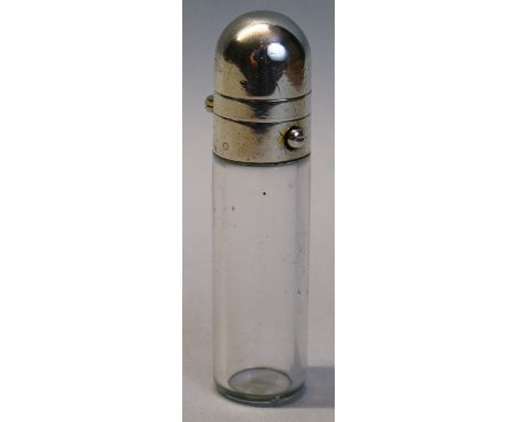 A Victorian clear glass combination scent bottle, by Samson Mordan & Co, of plain cylindrical form, the button operated domed