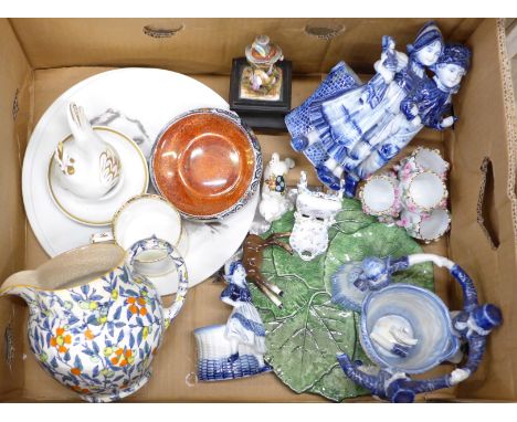 Three Delft posy vases, one a/f, a Maling vase, a Neapolitan figure on stand, two portrait plates, Beswick foal, etc.