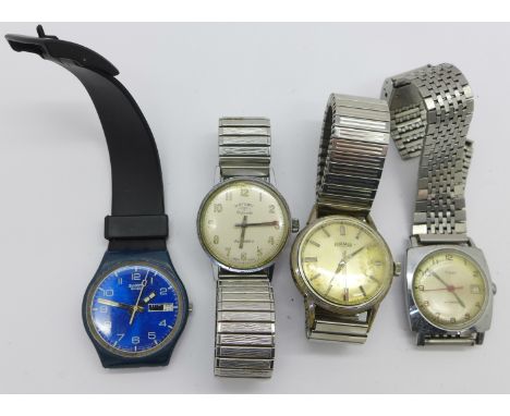 Four gentleman's wristwatches comprising Rotary, Roamer, Timex and Swatch