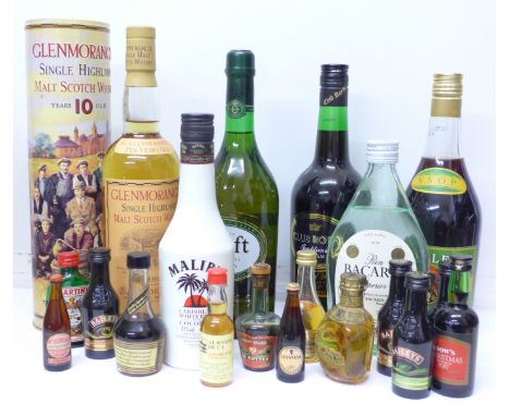 A bottle of Glenmorangie Single Highland Malt Scotch Whisky in presentation tin, other spirits and alcohol miniatures