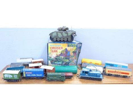 Model rail and a Marx battery operated Camouflaged Cruiser Tank, boxed