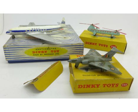 Three Dinky Toys aircraft, 735, 715 and 702, boxed