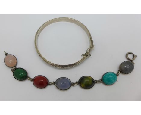 A silver and agate bracelet and a sterling silver bangle