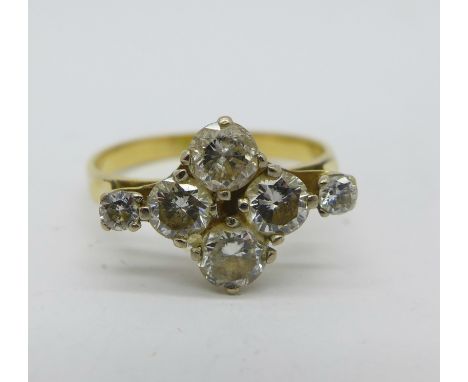 An 18ct gold and six stone diamond cluster ring, over 1 carat diamond weight, 3.4g, N