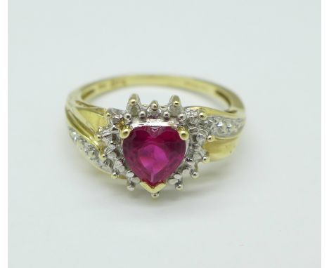 A 10kt gold, synthetic ruby and diamond ring, 2.5g, M