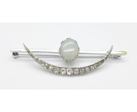 An Art Deco style opal and diamond crescent brooch