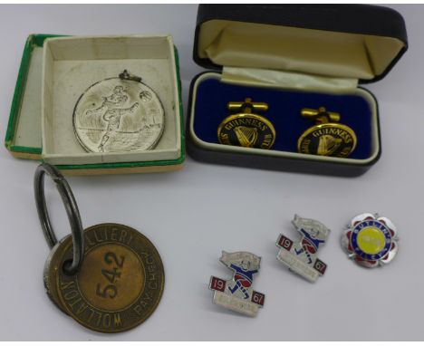 Three Butlins badges, three colliery checks; two Cotgrave and one Wollaton, Guinness cufflinks and an Army football medallion