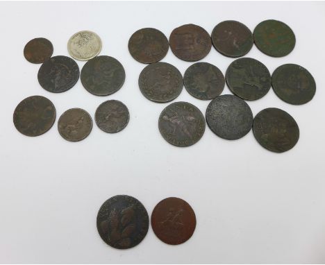 A collection of George III coins and tokens including one dated March 1814 Inseperable Friends To Elba, We Conquour To Set Fr