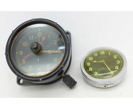 An 8-day cockpit clock and a Mentor 4 jewel clock, both with black dials