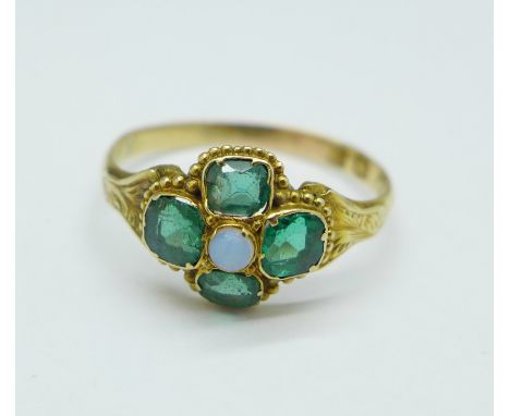 A Victorian 12ct gold, green stone and white stone ring, 1.4g, Q