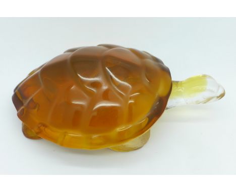 A Lalique amber glass model of a Caroline turtle, signed Lalique France to base