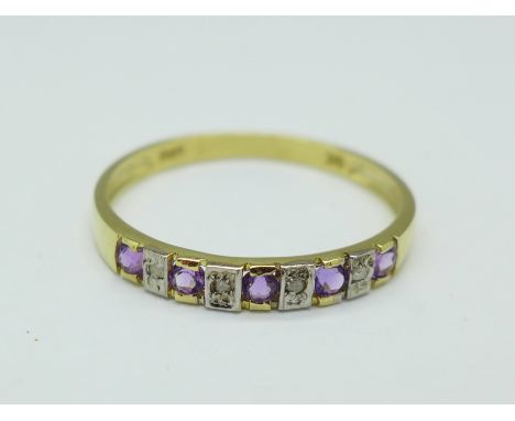 A 9ct gold, amethyst and diamond ring, 0.9g, O