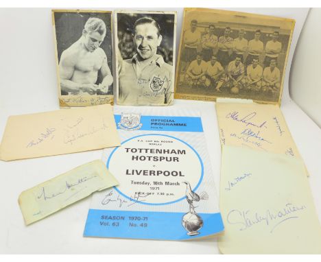 Football and cricket autographs including Stanley Matthews, Stan Mortenson and Len Hutton, etc.