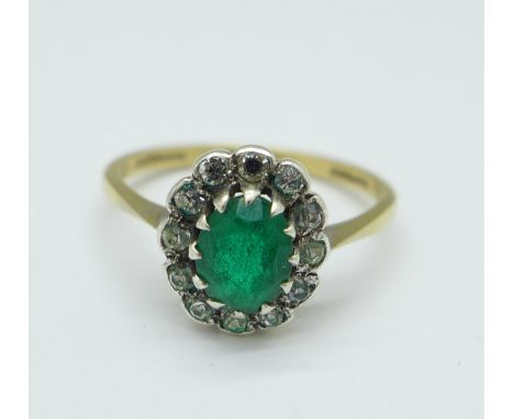 A 9ct gold and silver, emerald and white stone ring, 2.4g, N