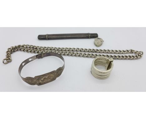 A silver chain, a silver pencil, a silver ring, a baby's bangle and a silver padlock, 67.1g, chain lacking clips