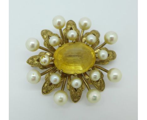 A 9ct gold, citrine and pearl brooch, 12g