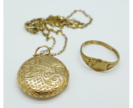 A 9ct gold ring, locket and chain, 4.1g