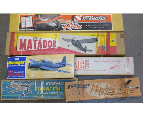 Six model aircraft kits including four Keil Kraft and a Guillows TBF Avenger