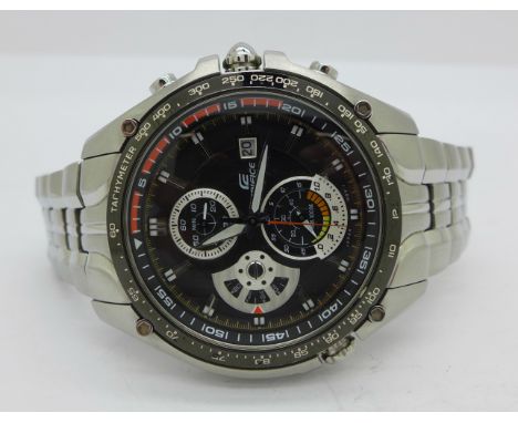 A gentleman's Edifice Casio stainless steel wristwatch, the black dial set with triple subsidiary dials and date 