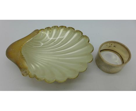 A silver shell shaped dish with frosted glass insert and a silver napkin ring, weight of silver 86g