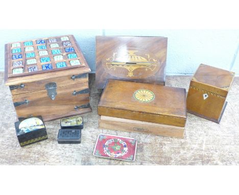 A wooden and metal bound box with millefiori glass inserts to the lid, four other wooden boxes, two snuff boxes, a modern lac