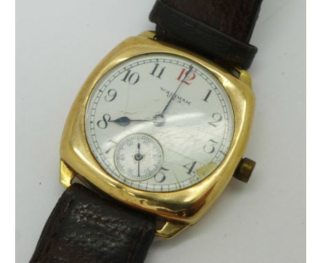 A 9ct gold Waltham wristwatch, lacking button, a/f