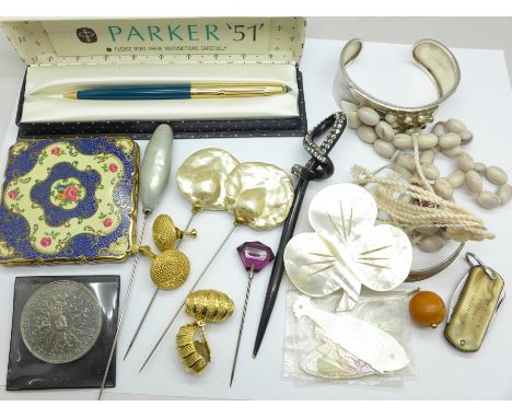 Two silver bangles marked 925, one set with amethyst and moonstone, two pairs of earrings, necklace, compact and Parker pen, 