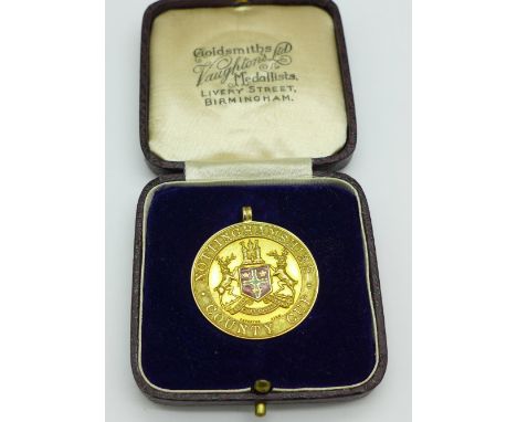 A 9ct gold and enamel Nottinghamshire County Cup medal, in original box by Vaughton Medallists, no inscription, 19.7g, Birmin