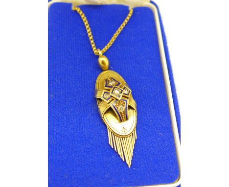 A c.1900, yellow metal, diamond set and enamel pendant on a yellow metal chain, 9.8g, height of pendant 4.5cm