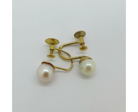 A pair of 9ct gold and pearl earrings, 1.8g