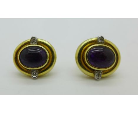 A pair of 18ct gold, cabochon amethyst and diamond earrings, 7.3g, earrings and butterflies marked 750