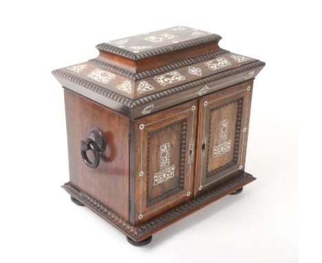 A good mid 19th Century rosewood and cut mother of pearl inlaid sewing/writing and jewellery casket, the stepped and bobbin m