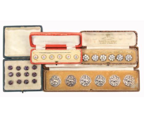 Four cased sets of buttons comprising a set of six Art Nouveau style floral examples, Chester 1905, a set of six paste exampl