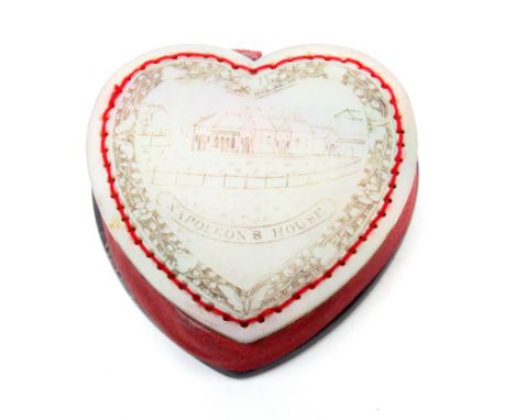 A very rare Napoleon commemorative pin cushion, the mother of pearl heart shaped face engraved with a titled view ïNapoleonÍs