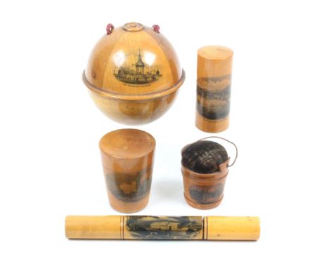 Mauchline ware _ five pieces comprising a wool ball in alternate segments (The Fountain, Blackpool) 10cm dia, a bucket form p