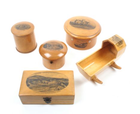 Mauchline ware  - sewing _ five pieces comprising a circular reel box, six bone side apertures, dome top (Pwllycrochon Hotel,