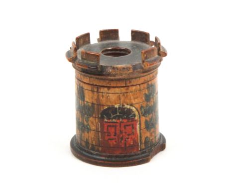 An early 19th Century painted Tunbridge ware circular cottage form box, painted with red panelled doors below a fan light, tr