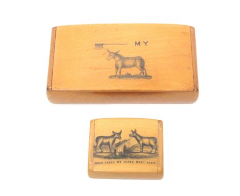 Two Mauchline ware snuff boxes comprising an ïAxe My AssÍ example, full wooden hinge, foil interior 90% complete with stamp ï