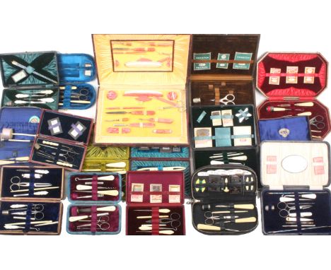 Fifteen small format sewing companions and a manicure set of various forms in leather, leatherette and plush, all with a sele