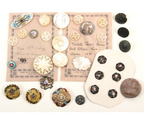 A collection of thirty two buttons comprising a pearl cameo button in cut steel rim, 2.6cm dia, another in enamel, 1.6cm, twe
