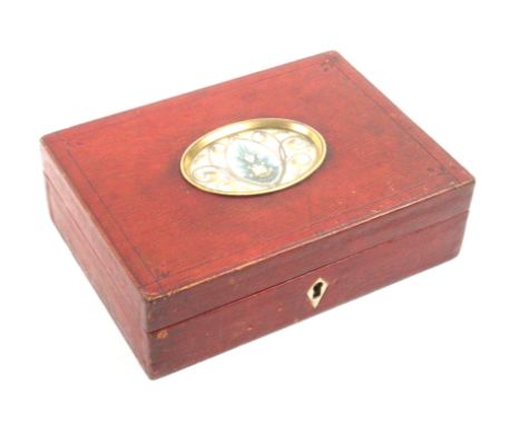 A good George III red leather covered rectangular sewing box of small form, the lid with oval ivory inset memoriam tablet pai