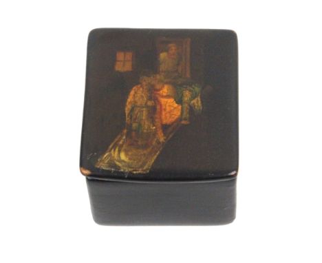 A late 19th Century Russian papier mache rectangular stamp box by Vishnyakov and Sons, the lid painted with a scene of a peas