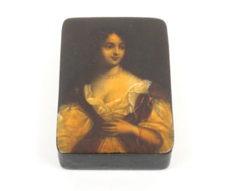 An early 19th Century Stobwasser papier mache rectangular snuff box, the lid painted with a three quarter length portrait of 