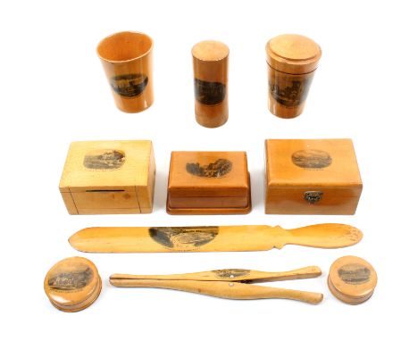 Mauchline ware _ ten pieces comprising a rectangular box (Aberystwyth) 8.5 cm, a two division stamp box (Bridge At Bettws-Y-C