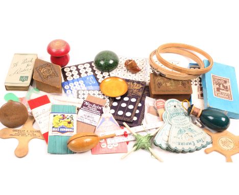 A mixed lot sewing comprising embroidery hoops, darners, A Book For Ladies, A Good Yarn, enamel pin dish, various boxes, yarn